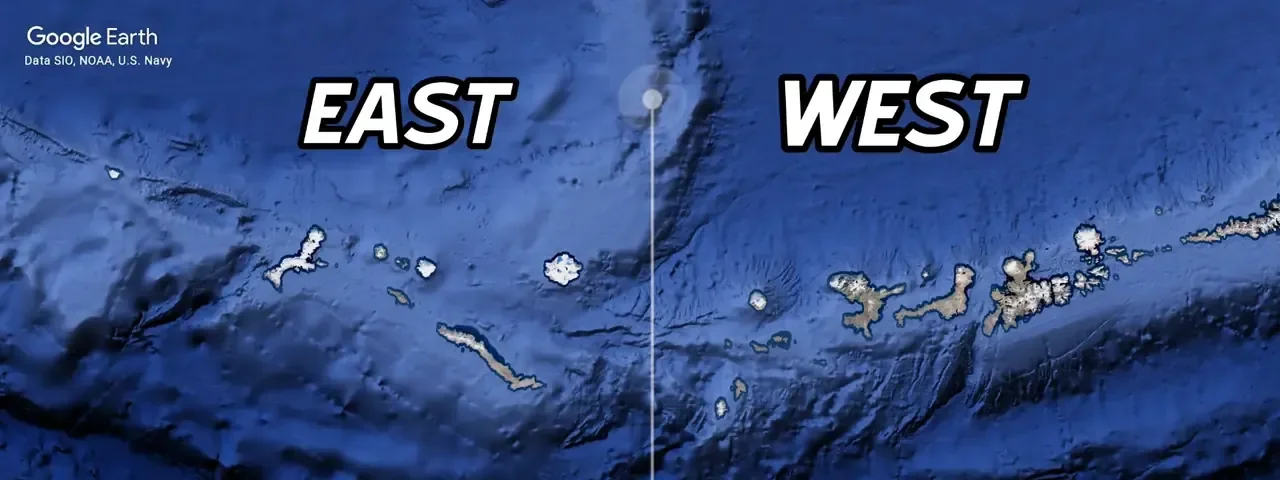 Alaska’s Aleutian Islands cross the 180° line, so islands on the left have east longitudes and islands on the right have west longitudes. Map: Google Earth / Data SIO, NOAA, U.S. Navy
