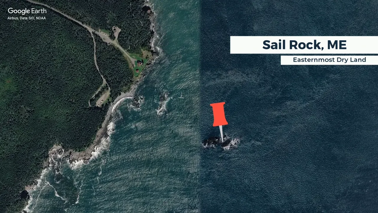 West Quoddy Head lighthouse sits on the headland, while Sail Rock (pinned) lies just offshore, slightly farther east. Map: Google Earth / Airbus, Data SIO, NOAA
