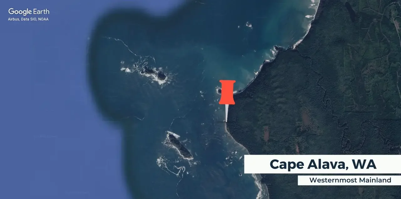 Cape Alava, the westernmost point of the US mainland, on the wild coast of Olympic National Park. Map: Google Earth / Airbus, Data SIO, NOAA