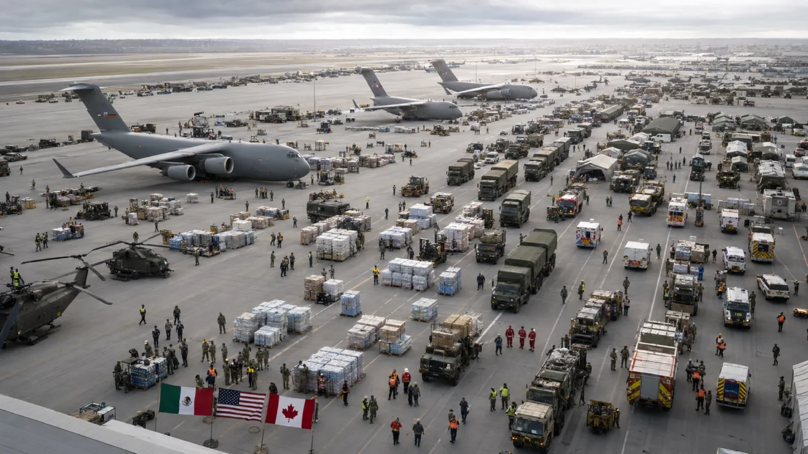 Illustration of an international relief airlift into the ash zone. Illustration: EarthLive.TV