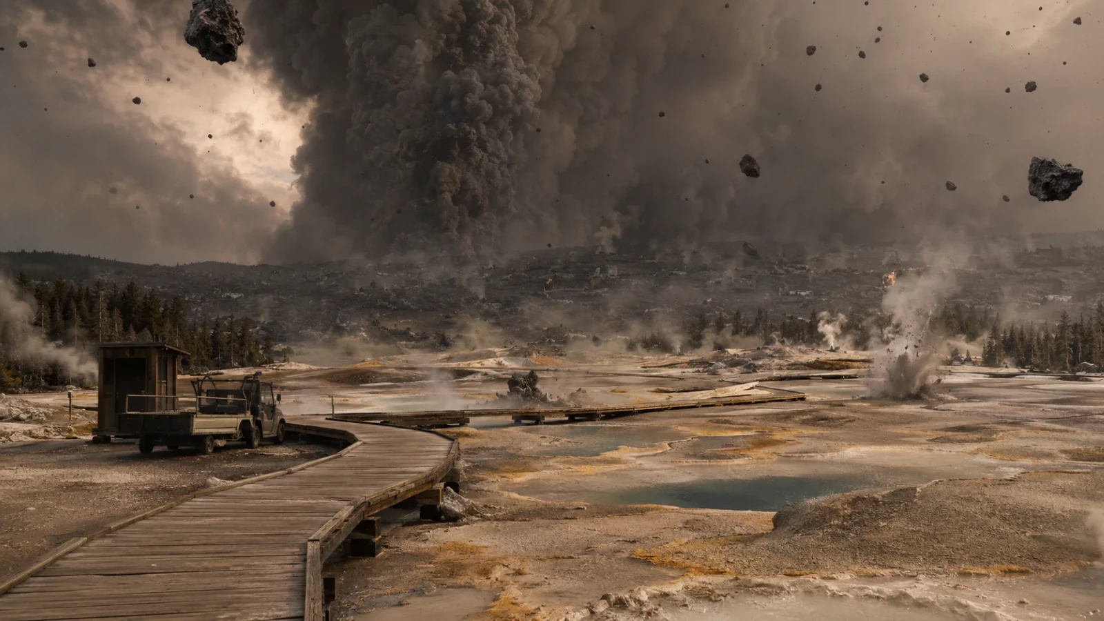 Illustration of rock raining down on a Yellowstone geyser basin. Illustration: EarthLive.TV