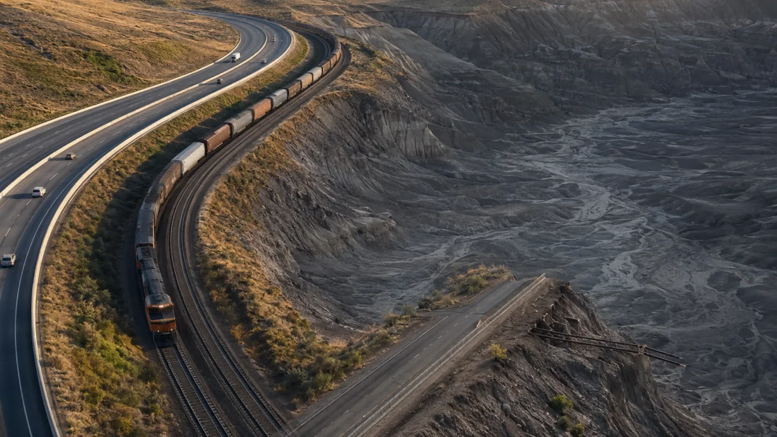Illustration of a railway rerouted through ash-scarred hills. Illustration: EarthLive.TV