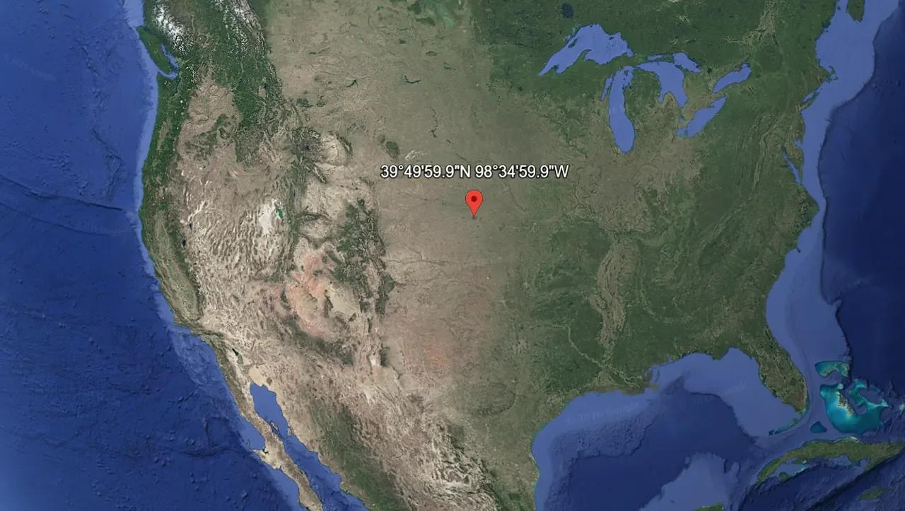 The geographic centre of the lower 48 states, near Lebanon, Kansas. Map: Google Earth