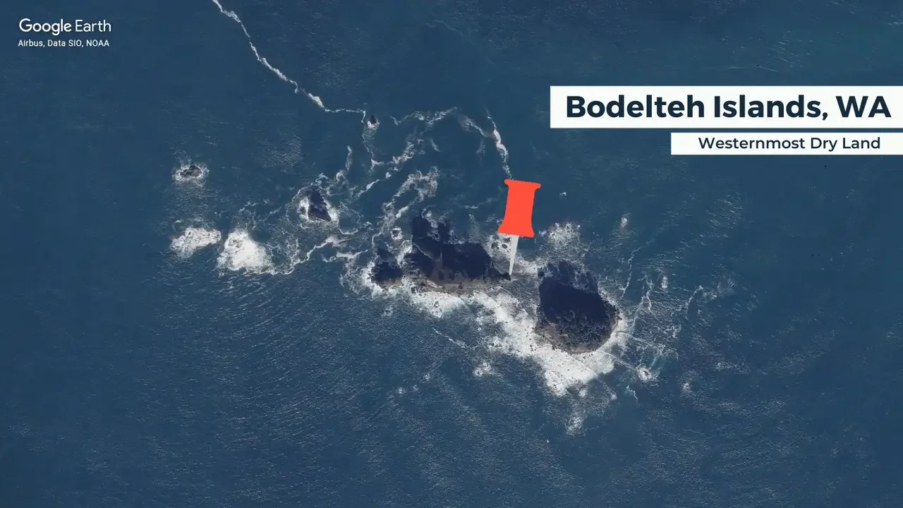 The Bodelteh Islands, the westernmost land in the lower 48 that stays above water. Map: Google Earth / Airbus, Data SIO, NOAA