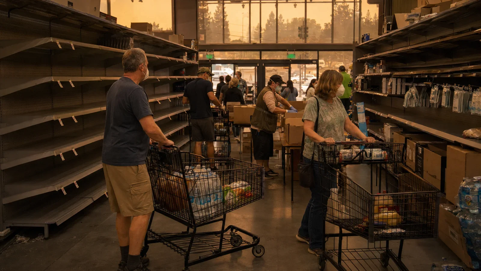 Illustration of panic buying as ash falls outside. Illustration: EarthLive.TV