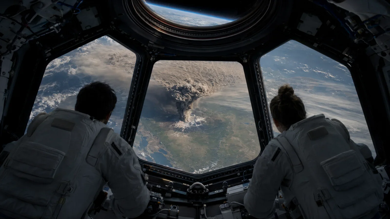 Illustration of the umbrella cloud as seen from the space station. Illustration: EarthLive.TV