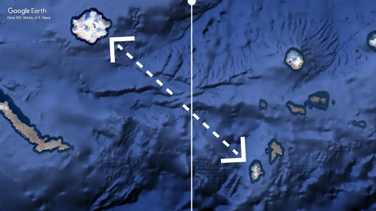 Semisopochnoi Island (top left), home of Pochnoi Point, and Amatignak Island (bottom right) sit either side of the 180° line. Map: Google Earth / Data SIO, NOAA, U.S. Navy