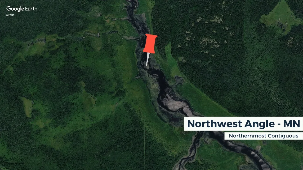 The Northwest Angle, the northernmost point of the lower 48 states. Map: Google Earth / Airbus