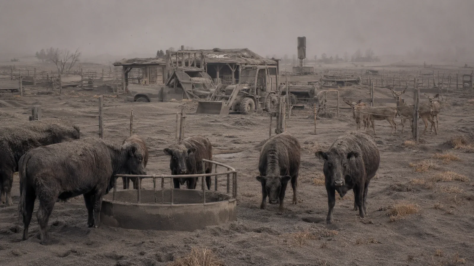 Illustration of cattle and deer on an ash-smothered ranch. Illustration: EarthLive.TV