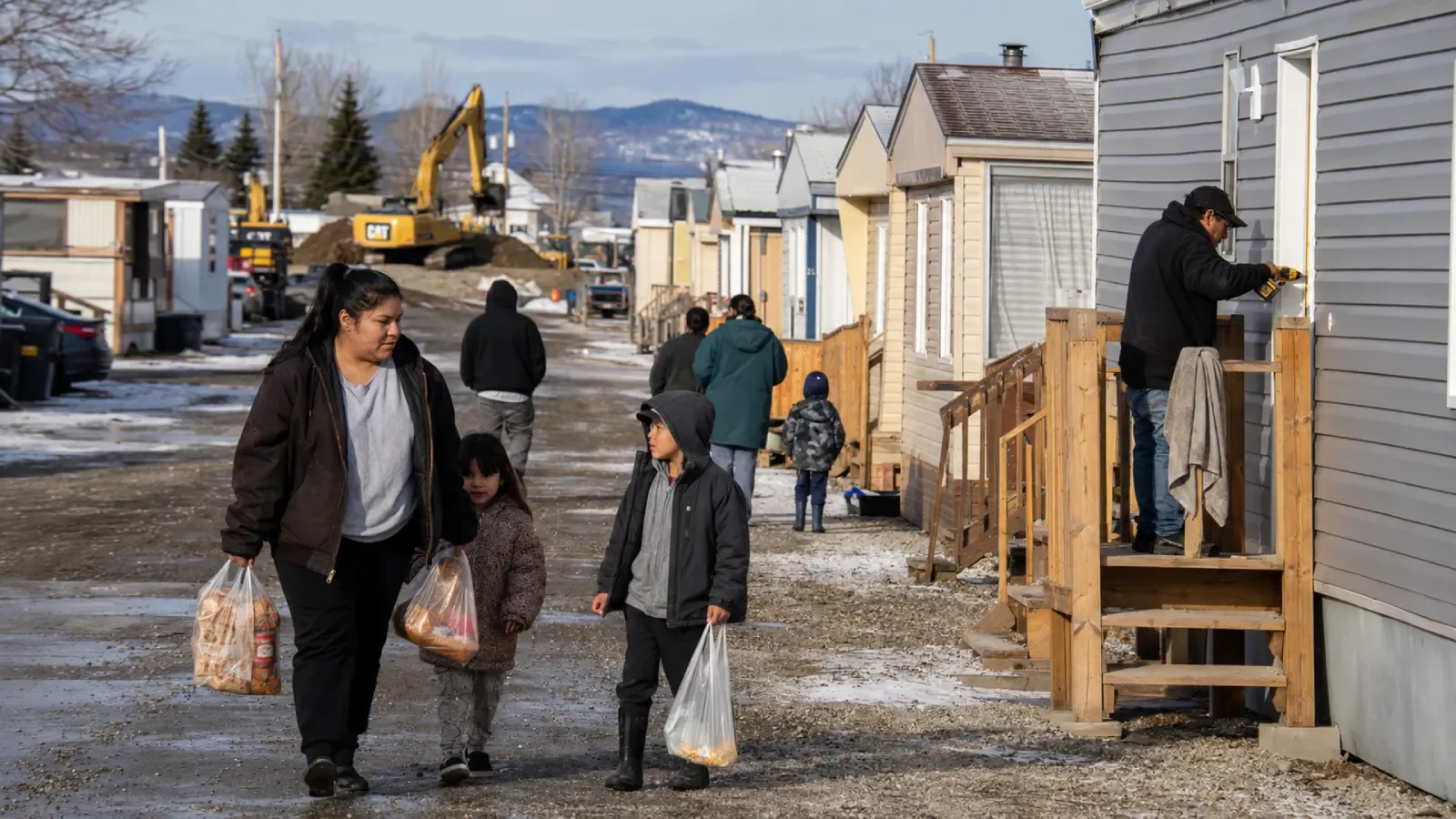 Illustration of displaced families in temporary homes a year on. Illustration: EarthLive.TV