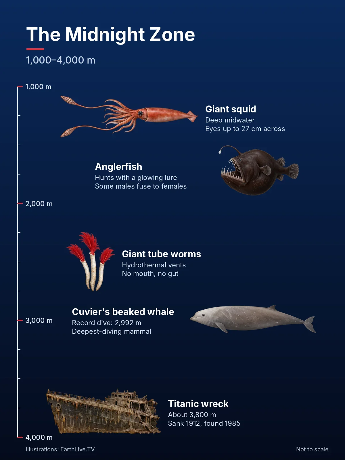 The giant squid, anglerfish, giant tube worms, Cuvier’s beaked whale and the Titanic wreck in the midnight zone. Illustration: EarthLive.TV