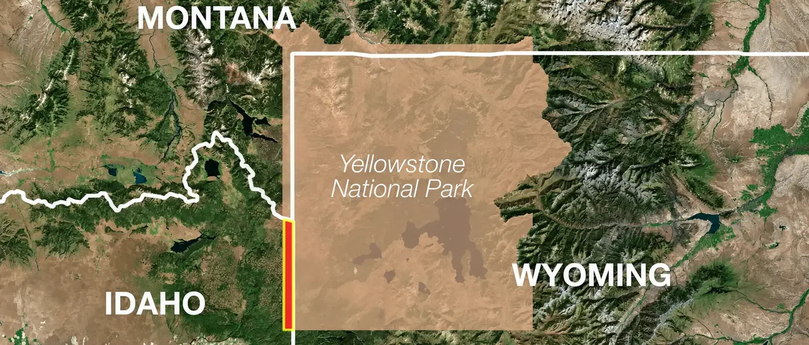 The red strip marks Yellowstone's Idaho section - the Zone of Death. See it for yourself&nbsp; -&nbsp;&nbsp;Google Maps (44.33, -111.07)