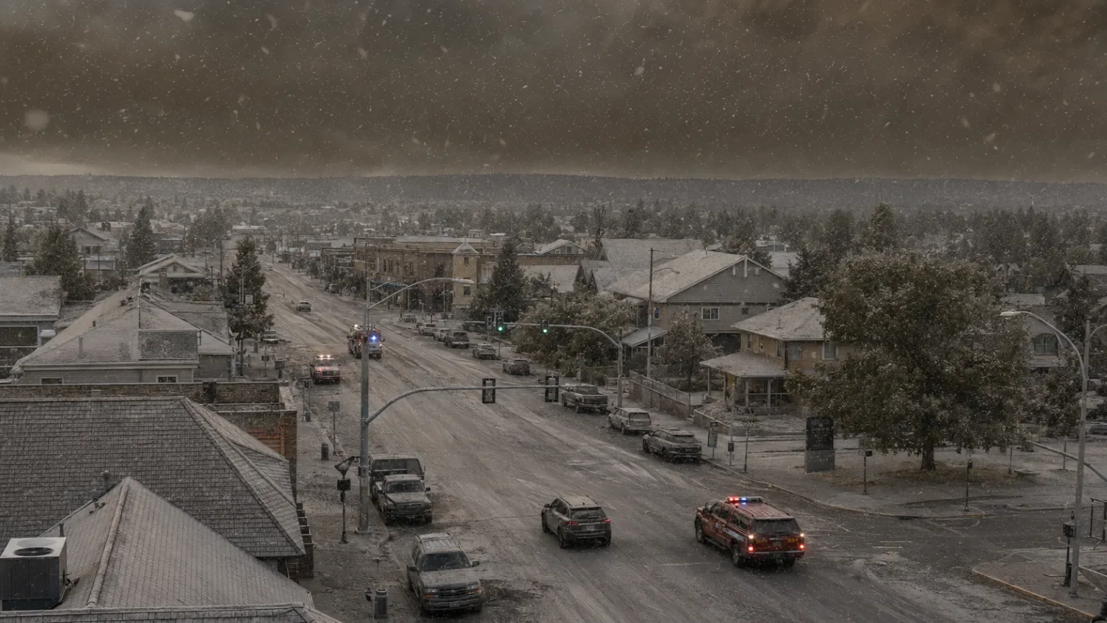 Illustration of a Western town buried under falling ash. Illustration: EarthLive.TV